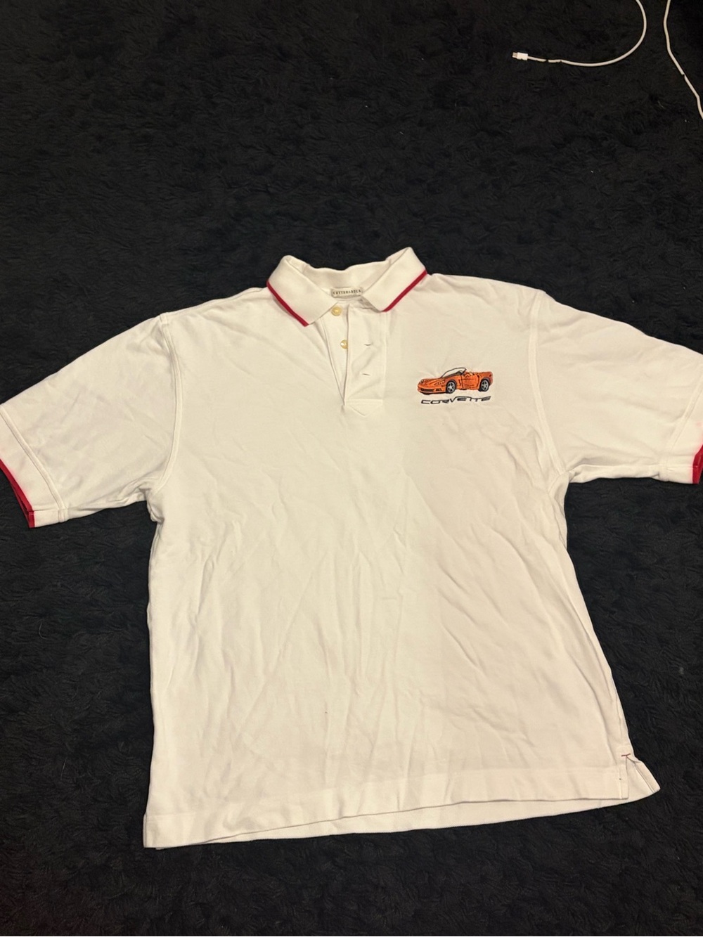 Cutter & Buck White Polo with Red Trim and Orange Car Embroidery